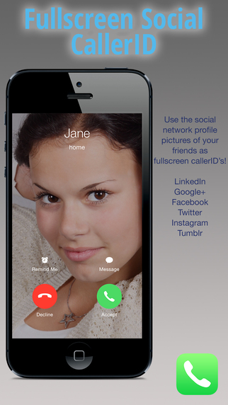 Fullscreen Social CallerID for Instagram Twitter Google+ Tumblr VK LinkedIn Xing Meetup and Facebook