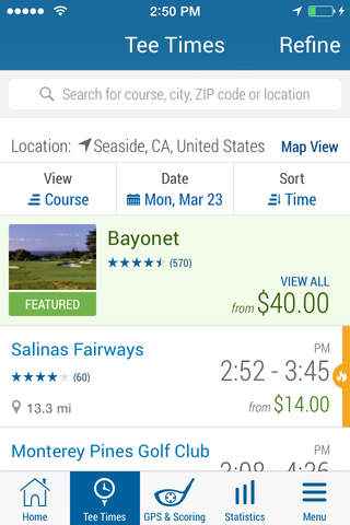 Does the app GolfNow offer tee times for games?