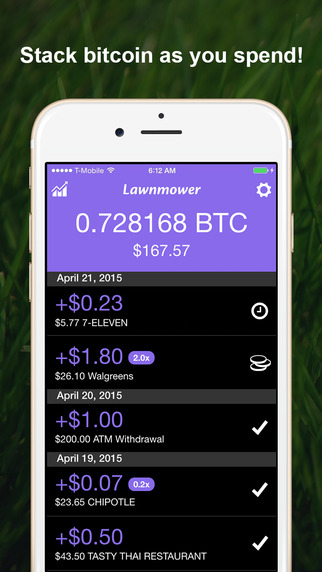 Lawnmower: Spare Change into Bitcoin. Invest fiat currency into BTC through Coinbase