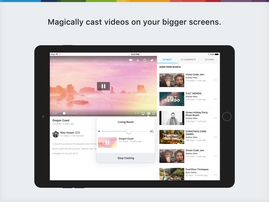 Screenshots of Vimeo for iPad