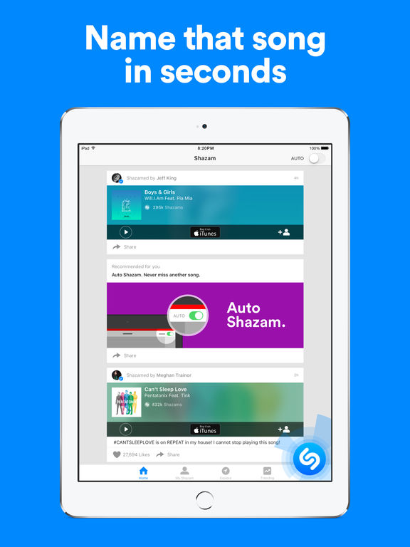 Screenshots of Shazam for iPad