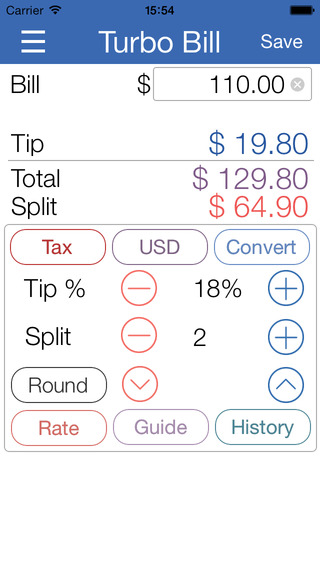 Turbo Bill Calculator Tip Tax Currency Converter Bill History