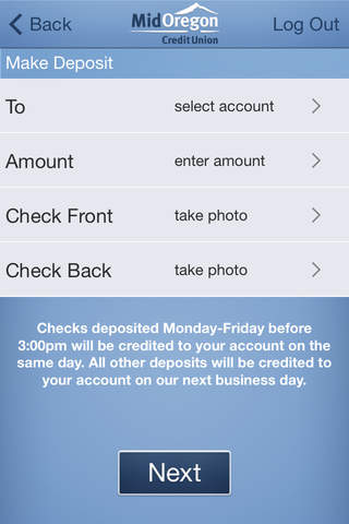 Mid Oregon Credit Union Mobile Deposit App screenshot 2