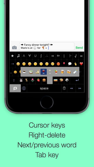 Polykey - keyboard with cursor-keys emoji right-delete next previous word more