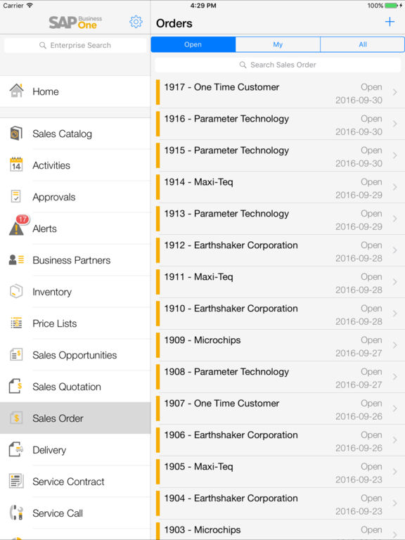 Screenshots of SAP Business One for iPad