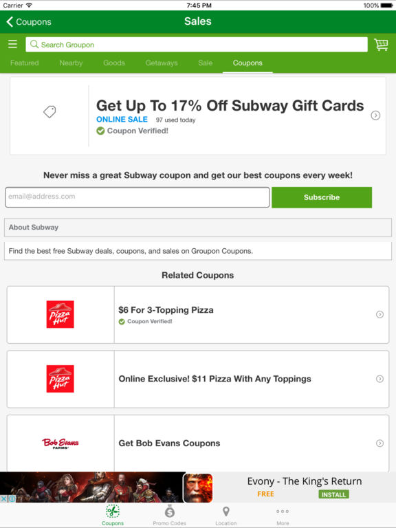 Subway coupons app