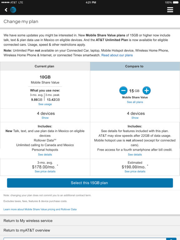 Screenshots of myAT&T for iPad
