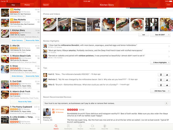 Screenshots of Yelp for iPad