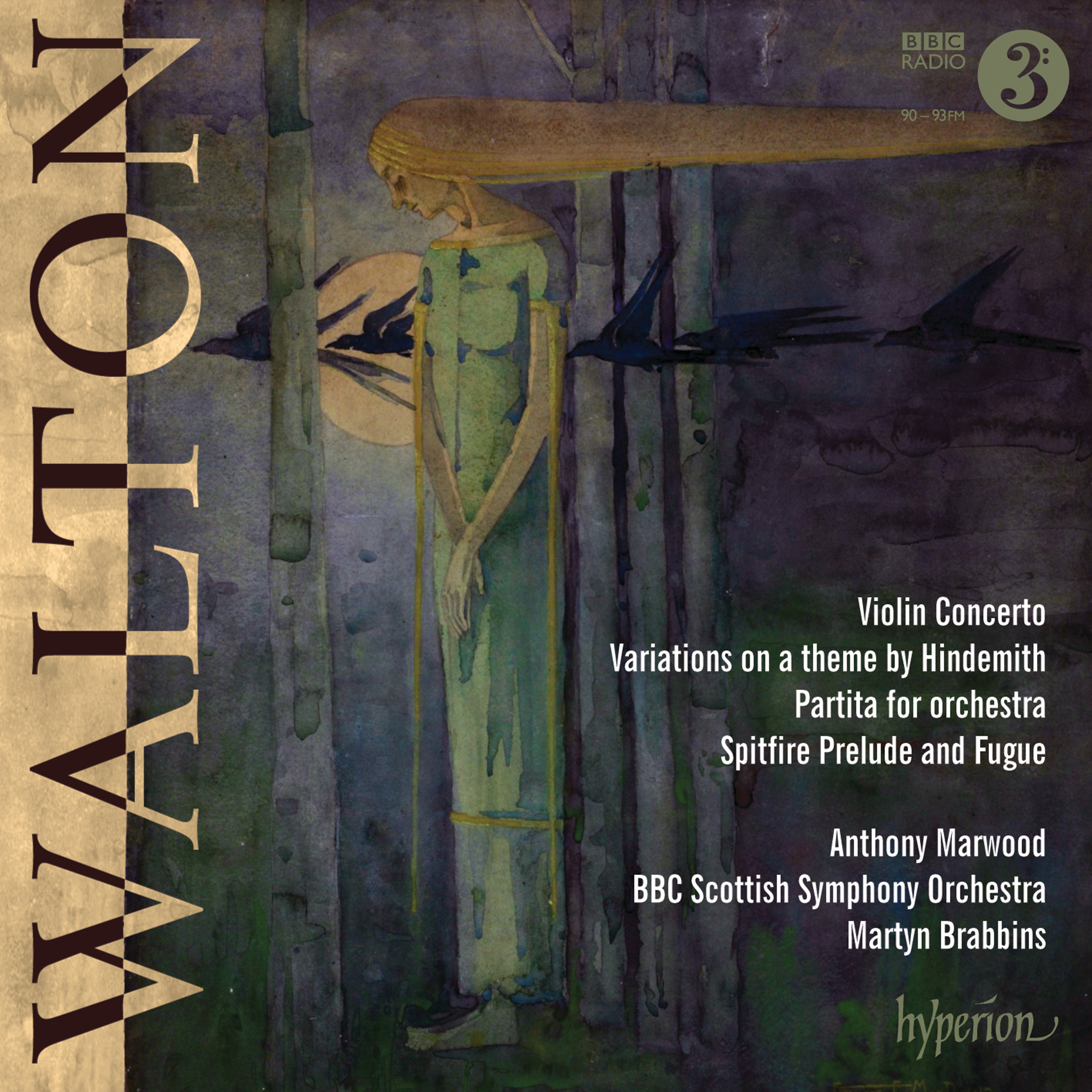 Ill Omen or Girl in the East Wind with Ravens Passing the Moon (1893) by Frances McDonald CD cover of Violin Concerto by William Walton from Martyn Brabbins and the BBC Scottish Symphony Orchestra on Hyperion