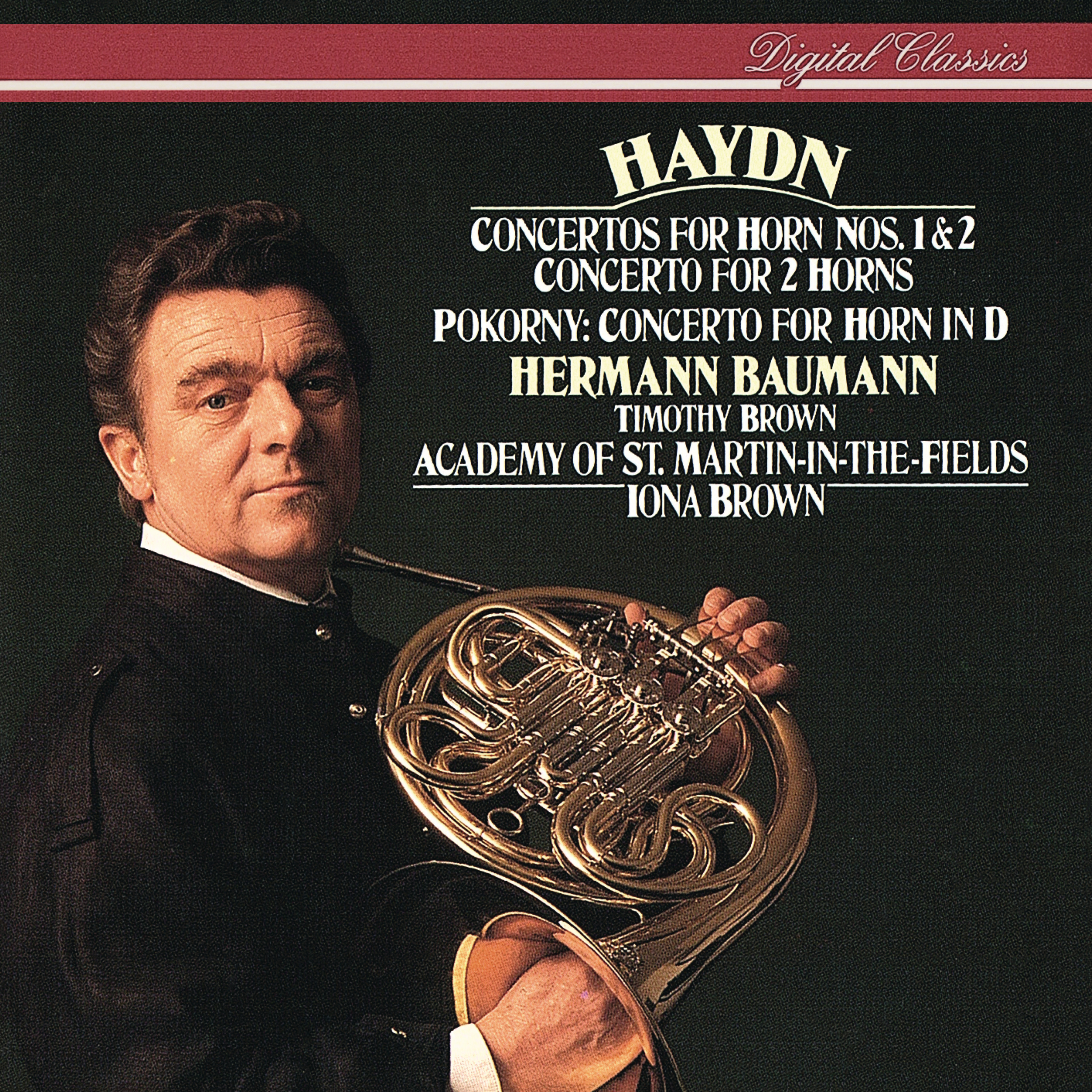 CD cover of Horn Concertos by Haydn and Pokorny from Hermann Baumann and Iona Brown with the Academy of St. Martin in the Fields on Philips.